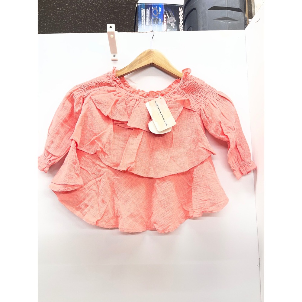 Hayden Girls Coral Pink Tiered Ruffle Smocked Off Shoulder Top Size 7/8 NWT